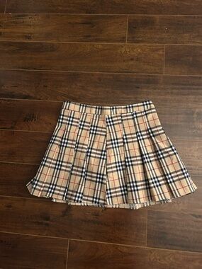 Beige Plaid Pleated Skater Skirt